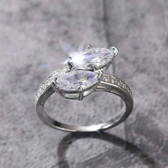 🔥Beautiful Twisted Double Marquis Pure CZ Silver Trendy Fashion Ring, K912 - Picture 3 of 11